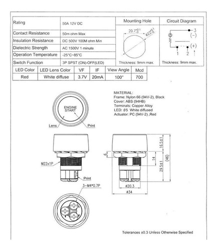 Interruptor Botón Arranque Motor De Coche Encendido 12v