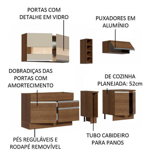 Cozinha Completa Madesa Parma Com Armário Vidro E Balcão Rrc Cor Rustic/Rustic/Crema