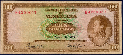 Billete De 100 Bolívares B7 Agosto 17 De 1971 Simón Bolívar