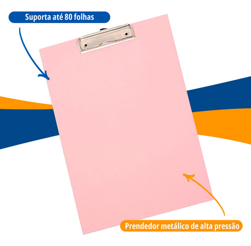Prancheta A4 Com Prendedor Metal Resistente Eficiente Rosa
