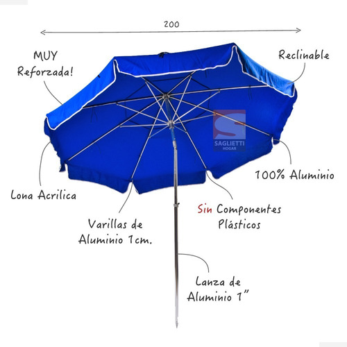 Imagen 5 de 9 de Sombrilla Reforzada 2 Metros Reclinable Lona Aluminio Alumel