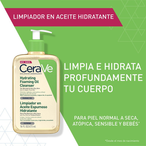 Imagen 2 de 5 de Limpiador Cerave Aceite Espumoso Hidratante Sin Perfume 473m