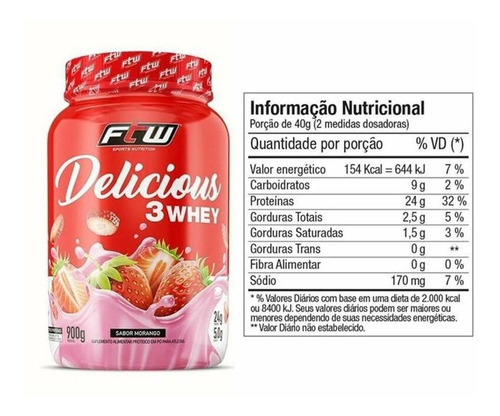 Delicious 3 Whey 900g - Ftw Sabor Morango