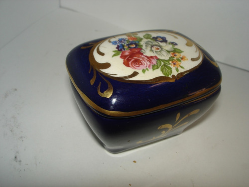 Cofre De Porcelana T Limoges Azul Cobalto Dibujo De Flores 