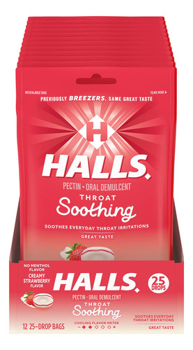 Halls Breezers Drops, Cremosa Fresa, 25 Gotas paquete De 12
