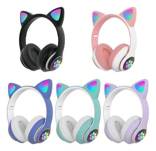 Fone De Ouvido Gatinho Bluetooth Rosa Led Feminina Infantil Cor Preto