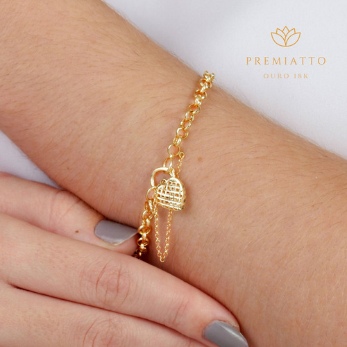 Pulseira Feminina Portuguesa Com Fecho Coração Ouro 18k 750