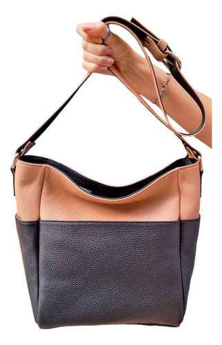 Bolso Cartera Antonella Color Negro/camel 100% Cuero Genuino