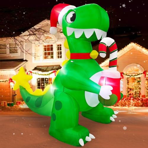 7 Ft Christmas Inflatables Dinosaur With Candy Cane Xma...