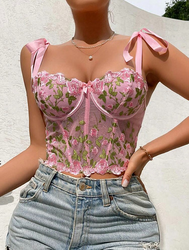 Corset Bustier Lazo Bordado Primaveral Romantico Importado Rosa S