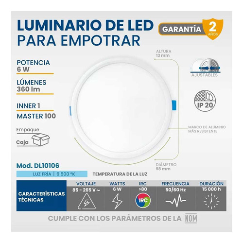 Luminario Led Circular Empotrable 6w Luz Fria Dl10106 Igoto