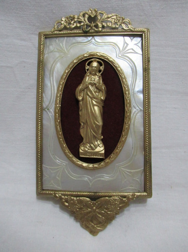 Retablo Cuadro Madreperla Nácar Sagrado Corazón Jesús Bronce