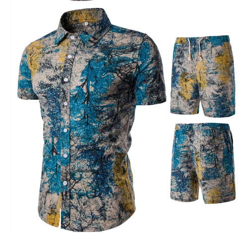 Traje Hawaiano Para Hombre Casual Camisa Pantalon Corto