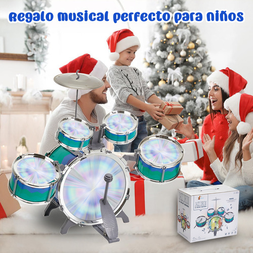 Batería Musical de Juguete Rovtop Toddler Drum Set Azul, Batería Niños Banco Baquetas Platillo Bombo Musicales Toygagade, 5 Tambor