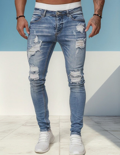 Pantalones Elásticos De Jean De Agujero De Moda Para Hombres