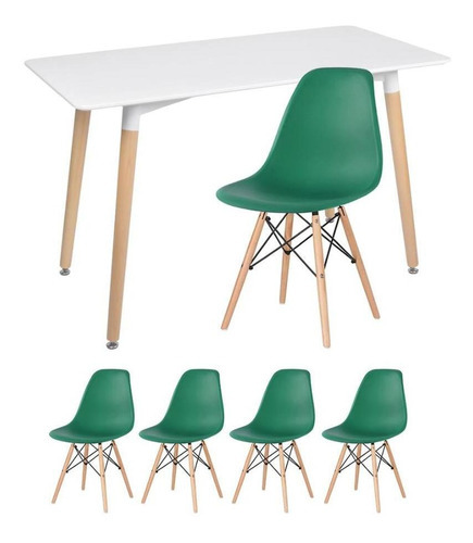 Kit Mesa Jantar Eames Retangular  4 Cadeiras Eiffel Wood Av Cor da tampa Mesa branco com cadeiras verde escuro