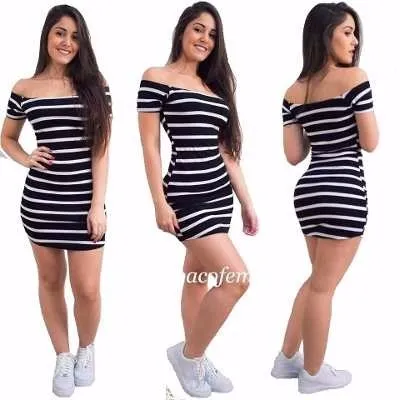 Vestido Listrado Feminino Ombro A Ombro Manga Curta Frete gr tis