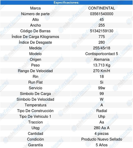 Kit 4 Llantas 255/45r18 99w Contisportcontact 5 Run Flat