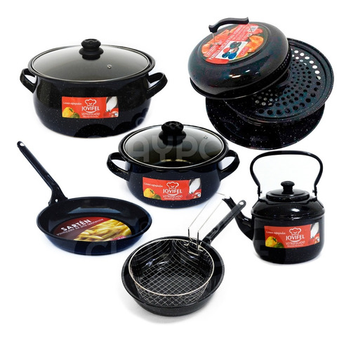 Set Cocina Enlozada Ollas Sarten Parrilla Pava Freidor 6 Pzs