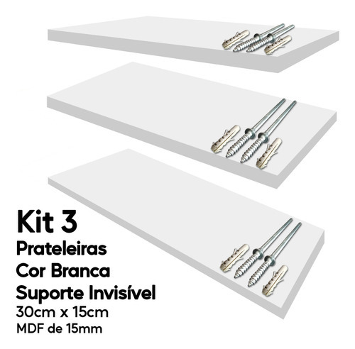 Kit 3 Prateleiras Brancas Mdf 30x15 Suporte Invisível Decora