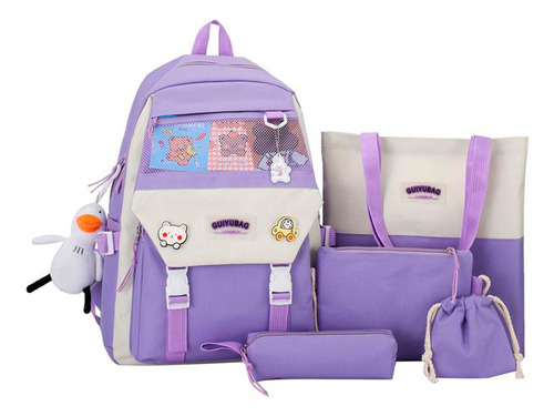 Set 5 Mochila Bolsas Escolar Estudiante Lapicera Tote Lona Kawaii Diseño Coreano Moda Juvenil