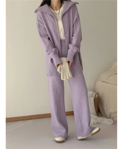 Conjunto De Suéter De Punto Con Cárdigan Y Pantalones Con Cr