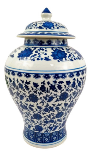 Pote Potiche Decorativo Cerâmica Azul E Branco 35x20cm