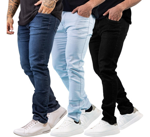 Kit 3 Calça Jeans Sarja Masculina Skinny Slim Lycra  + Cores