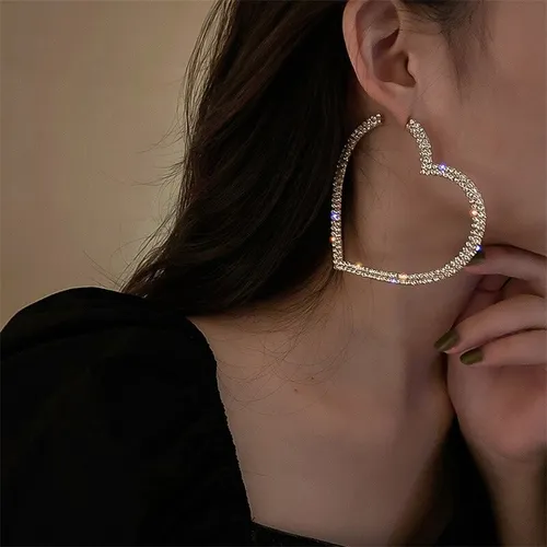 Aros Corazón Gigante Brillos Dorado Mujer Cute Colgante