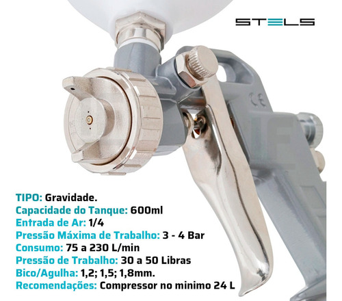 Imagem 2 de 5 de Pistola Pintura Gravidade 600ml + 3 Bicos 1.2 1.5 1.8 Stels