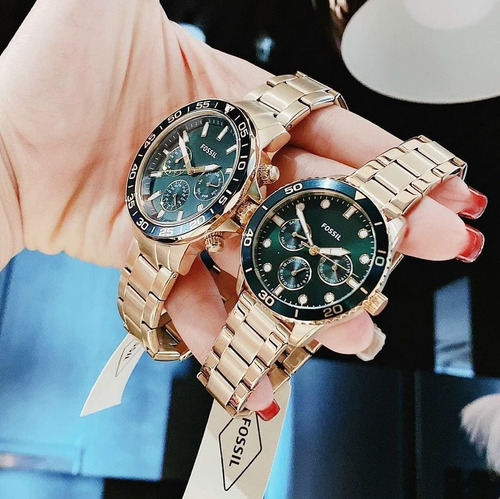 Reloj Parejas Fossil Bq2754set Correa Dorado Bisel Verde Musgo Fondo Verde Musgo