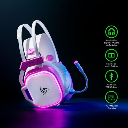 Audifono Vsg Gemini Blanco Con Rosa, Rgb Alámbrico 3.5mm