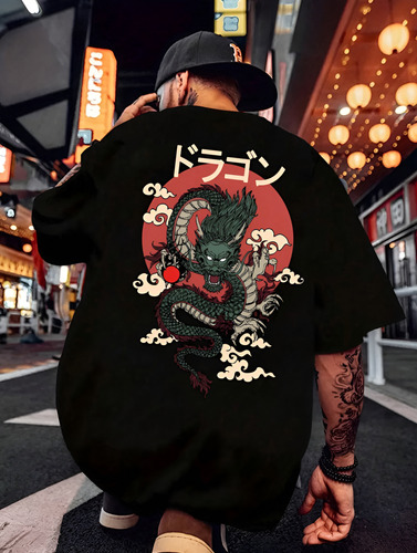 Camiseta Importada Shein Hombre Negra Dragón
