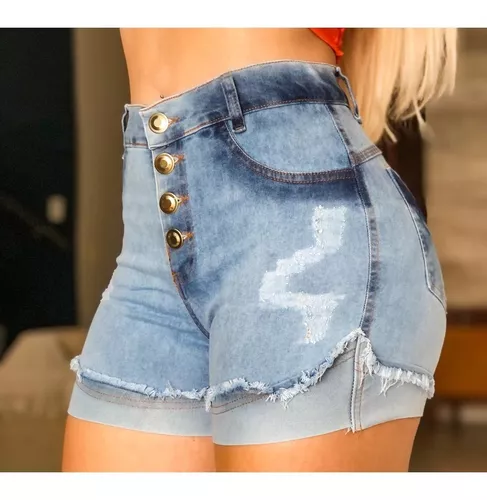 Short Jeans Marmorizado Desfiado Feminino Cintura Alta Verão Luxo