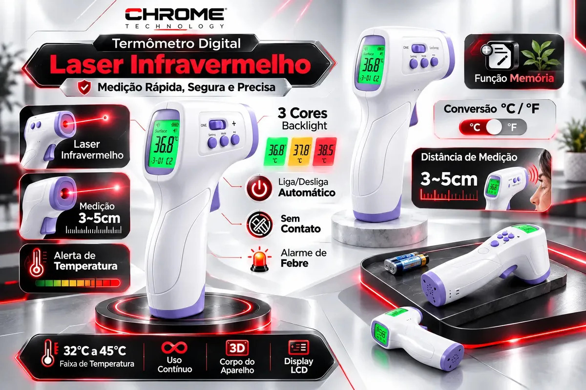 Termômetro Infravermelho Sem Contato Digital Medição Rápida Alta Precisão Display Lcd Memória Alarme Sensor Chrome Technology · foto 2