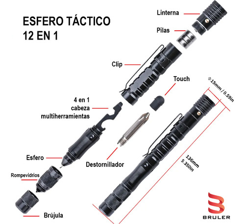 Esfero Táctico 12 En 1 Rompevidrio Multiherramienta Brújula
