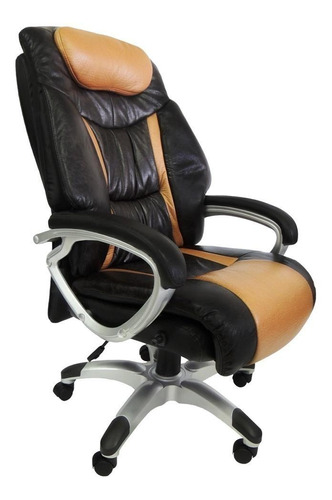Cadeira de escritório Pelegrin PEL-9012 ergonômica  preta e marrom com estofado de couro p.u.