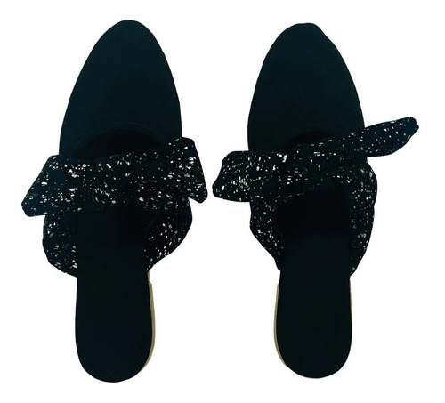 Zapatos Mules Negro Detalles Blancos Con Moño Mule Dama