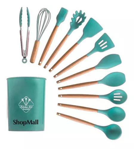 Set 12 Utensilios De Cocina Silicona Resistente Calor Juego Verde GENERICO