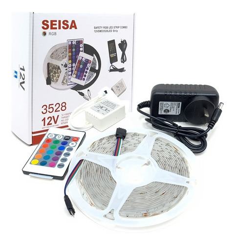 Imagen 2 de 5 de Kit Tira Led 3528 Rgb Con Control Y Fuente Seisa En Caja