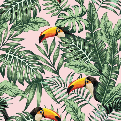 Vinil Decorativo Animales Tapiz Wallpaper Moderno Mod Color Tucanes Fondo Rosa