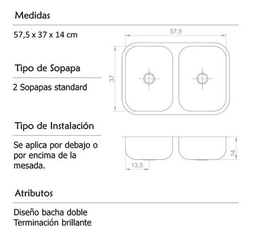 Pileta Doble Aisi 430 Acero Inoxidable 56x37x14cm Dh56