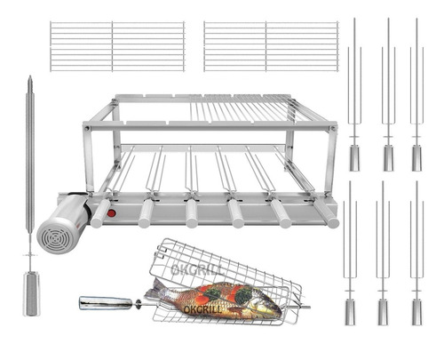 Gira Grill Churrasqueira Inox 6 Espetos + 3 Grelhas Completa