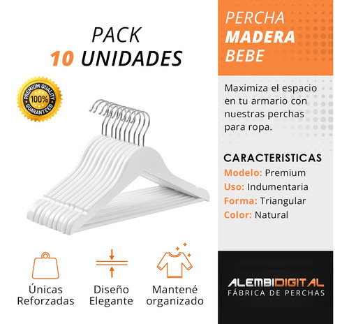 Imagen 3 de 10 de Perchas De Madera De Bebe Blancas 26 Cm X 10 Unidades