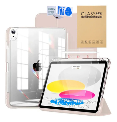 Funda +2 Mica Cristal Para iPad 11 (a16) 2025 /para iPad 10 Generación 2022 11/10.9 Pulgadas (modelo A3354/a3355/a3356/a2696/a2757/a2777) ,stand + Autoapagado Rosa