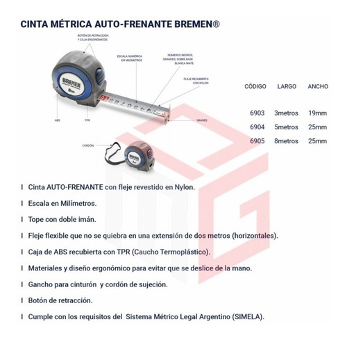 Imagen 2 de 4 de Cinta Metrica 8 Met Auto Frenant Fleje 25mm Iman Bremen 7614