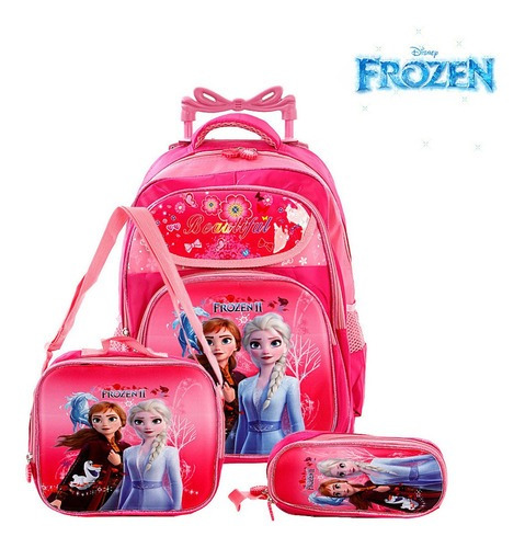 Kit Mochila Escolar Disney Frozen 2 Elsa E Anna Com Rodinhas