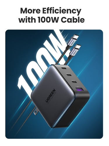Cargador Ugreen Carga Rapida 100w Gan 3 Usb C 1 Usb Negro