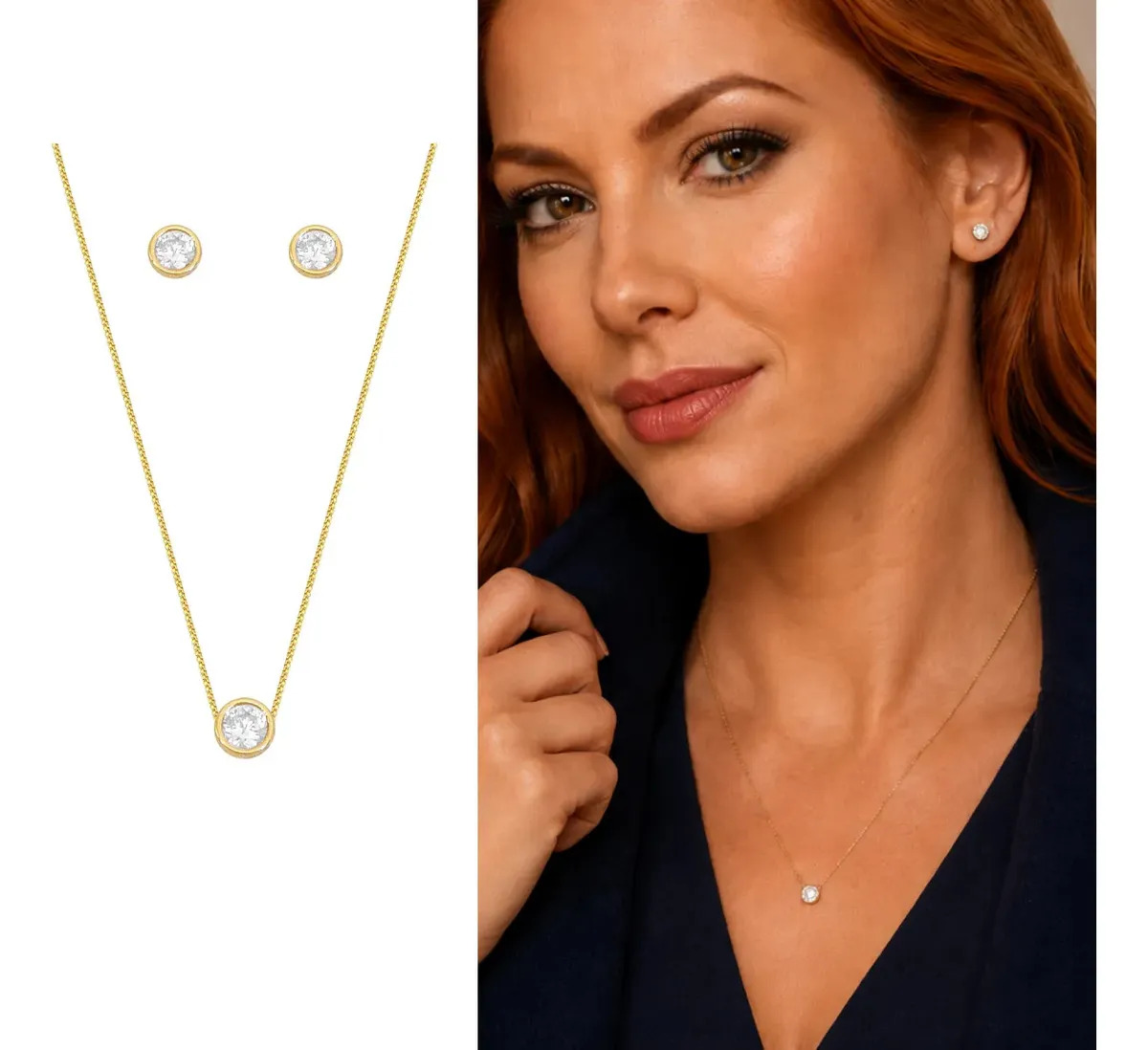 Conjunto Feminino Kit Colar e Brinco com Pedras de Zircônia Dourado Banhado a Ouro 18k Banho Antialérgico Marca Andréia Branco Acessórios