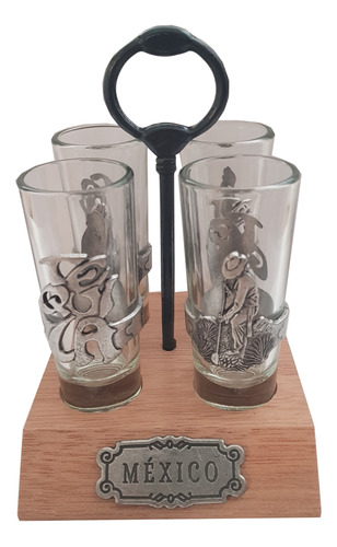 Juego 4 Vasos Tequilero Adornados Figura Trabajador De Agave